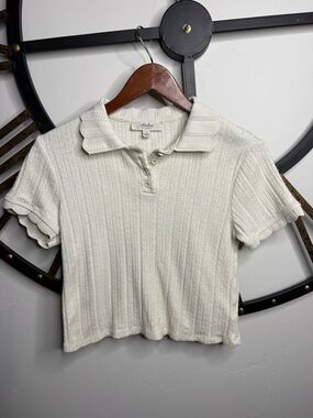 Atelier Scallop Collar Cropped Polo Top - Cream